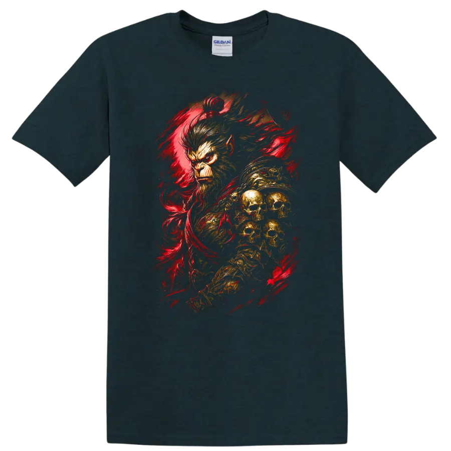 Japanese Style Monkey Skull Red Brushstroke T Shirt - Midnight (Green)