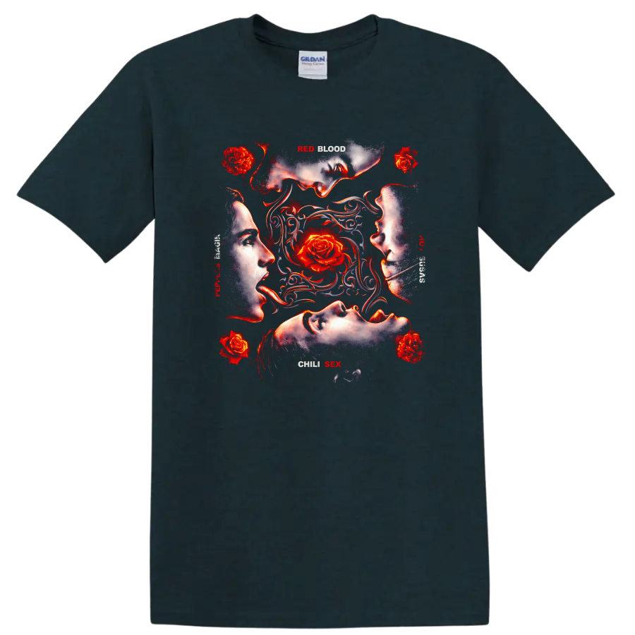 Vintage rock art T shirt design featuring faces and roses on a Midnight (Green) T Shirt