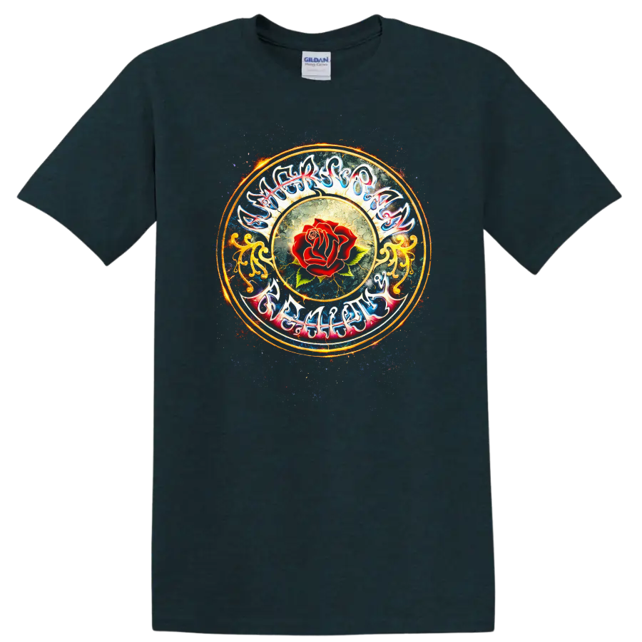 Vintage Classic Rock Album Cover Art Style T Shirt with Rose Design - Midnight (Green)