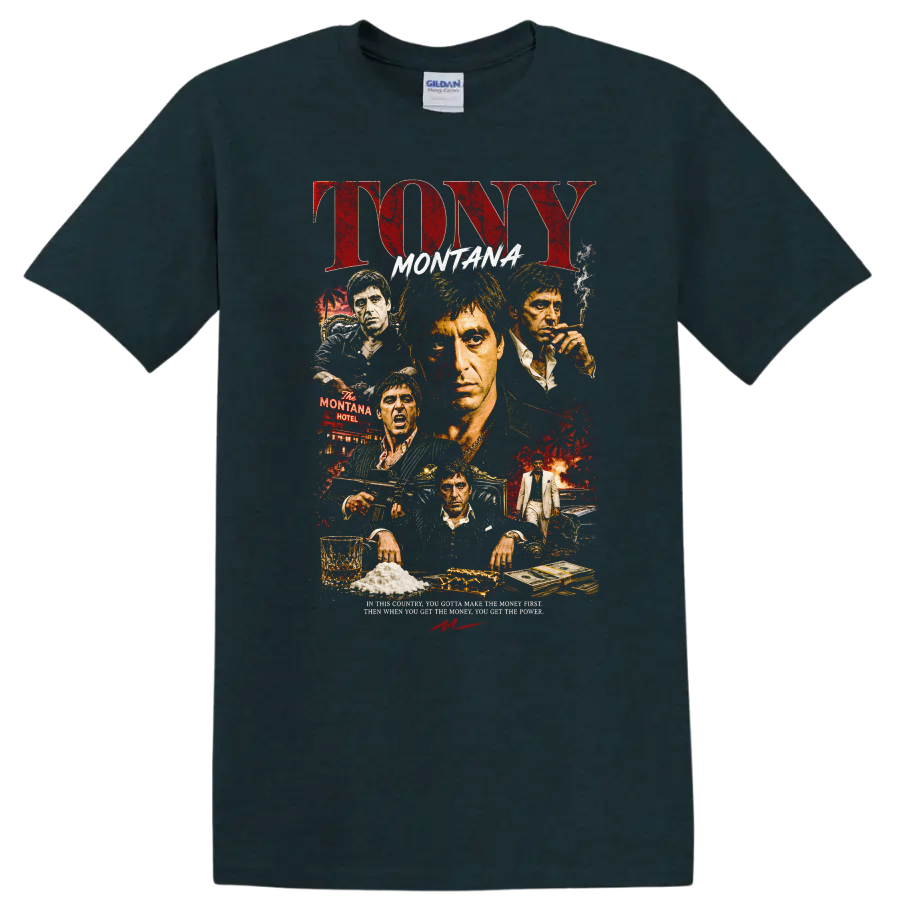Tony Montana Movie Art T Shirt Vintage Graphic Tee for Fans of Classic Films - Midnight (Green)