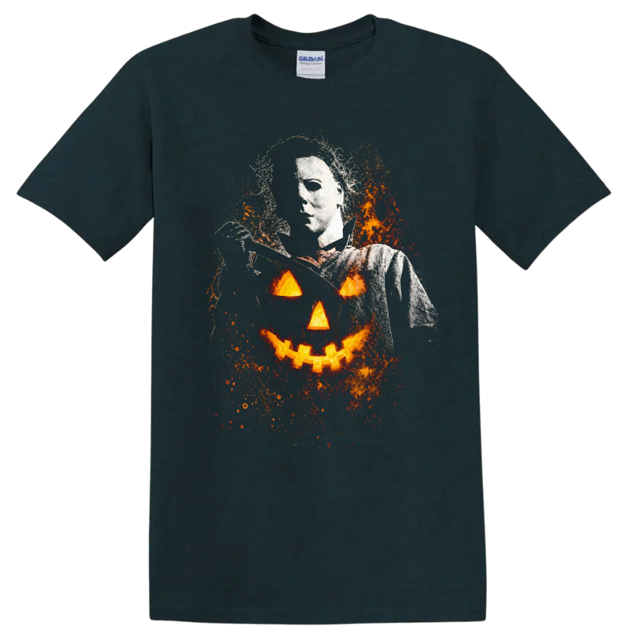 Halloween T Shirt Spooky Pumpkin Fire Ghost Costume Tee Fun Party - Midnight (Green)