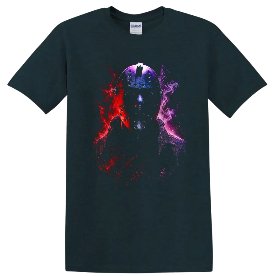 Hockey Mask Graphic T Shirt Horror Art Smoke Effects Retro Vintage Tee - Midnight (Green)