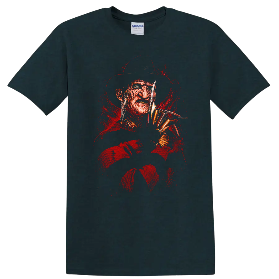 Distressed Freddy Krueger horror portrait with fedora, striped sweater, and bladed glove on a Midnight (Green) T Shirt