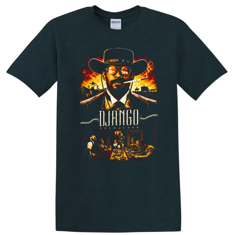 Django Unchained Vintage Movie Character Portrait T Shirt on a Midnight (Green) T Shirt