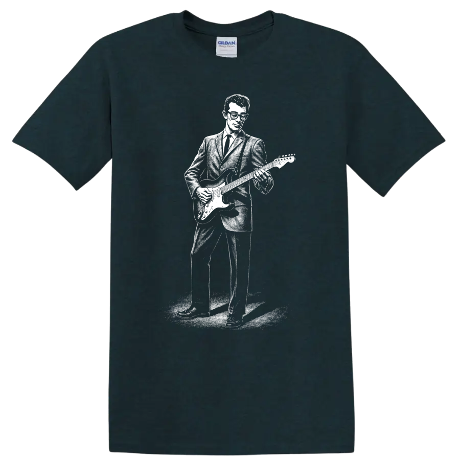 Buddy Holly T Shirt Rock Legend Guitar Player Silhouette Music Fan Tee Gift Cool - Midnight (Green)