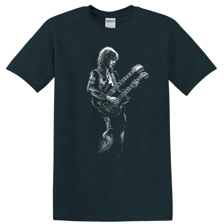 Jimmy Page Led Zeppelin Rock Legends Silhouette Guitar T Shirt - Midnight (Green)