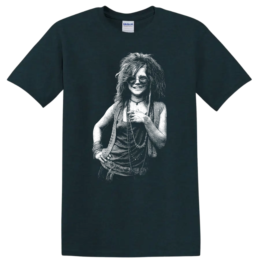 Janis Joplin Rock Legends Vintage Style T Shirt for Music Fans - Midnight (Green)