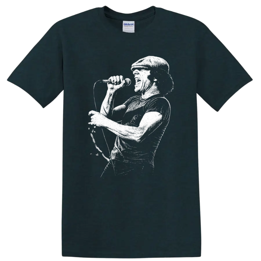 Brian Johnson AC DC Rock Legends Portrait T Shirt for Classic Rock Fans - Midnight (Green)