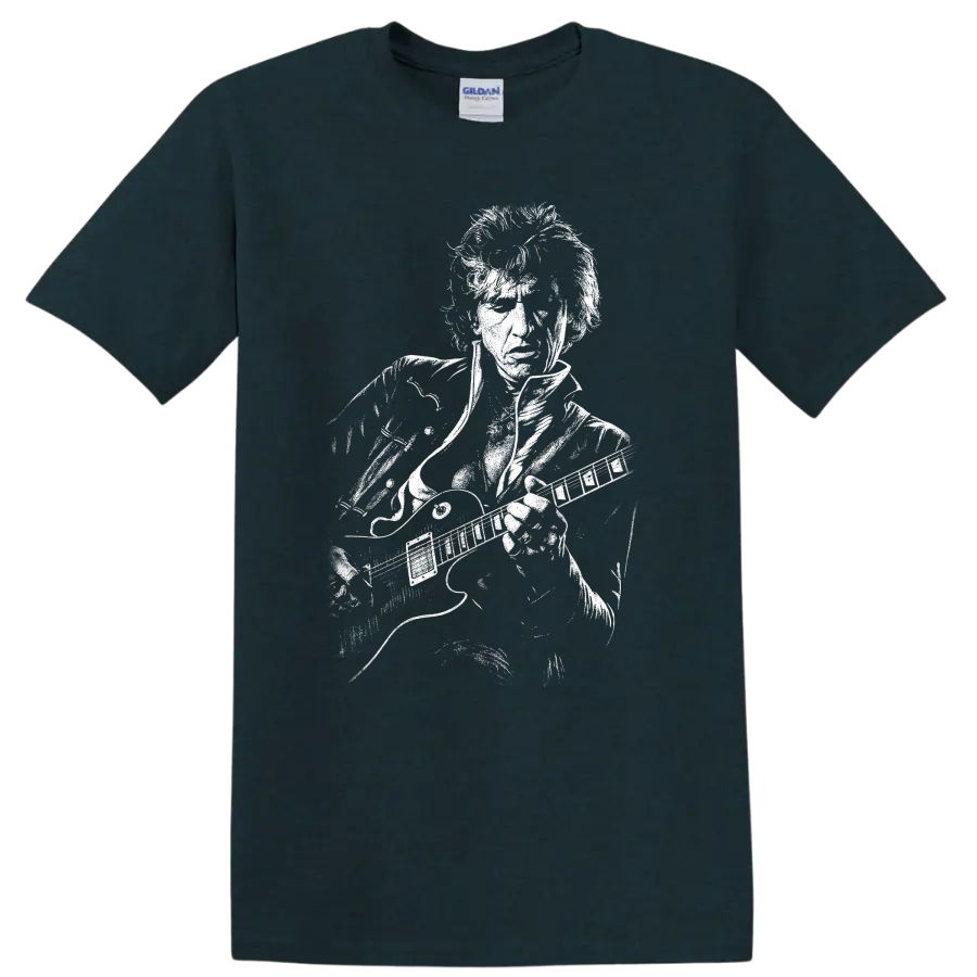 Black-and-white graphic portrait of Joe Perry on a T shirt on a Midnight (Green) T Shirt