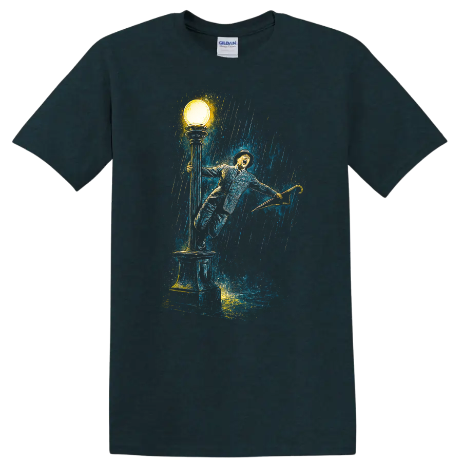 Vintage Singing in the Rain inspired artwork with umbrella, streetlamp, and rain, T-shirt on a Midnight (Green) T Shirt
