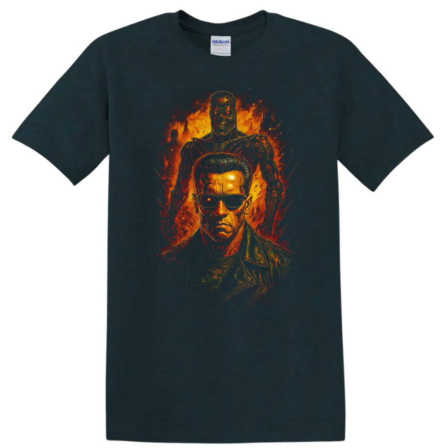 The Terminator cyborg and Arnold-style action portrait graphic T Shirt on a Midnight (Green) T Shirt