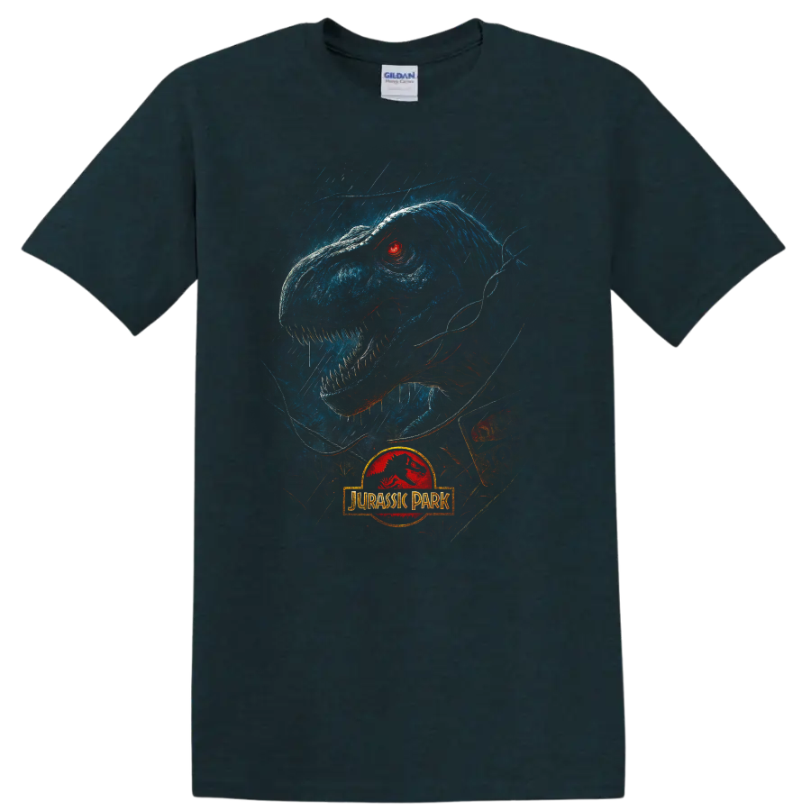 Jurassic Park T rex in rain with glowing red eye and logo T shirt on a Midnight (Green) T Shirt