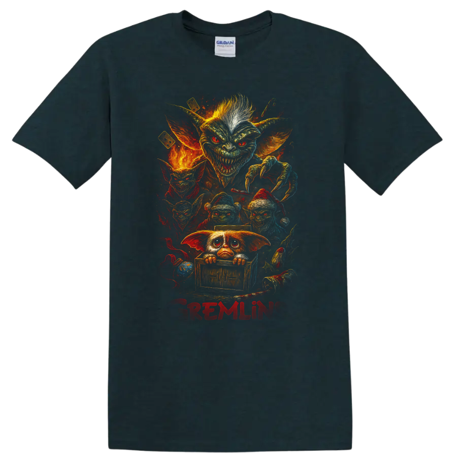 Gremlins horror movie creature collage with fiery retro art and bold red text on a T shirt on a Midnight (Green) T Shirt