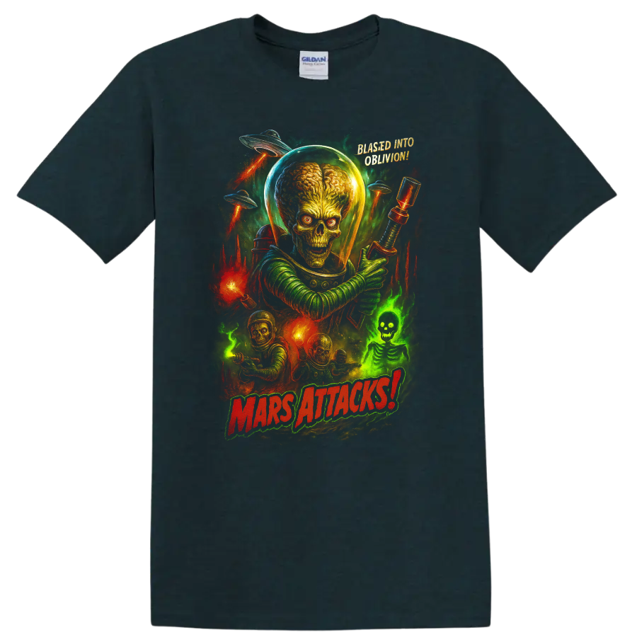 Mars Attacks alien invasion retro movie poster art with alien leader, saucers, and bold title on a Midnight (Green) T Shirt