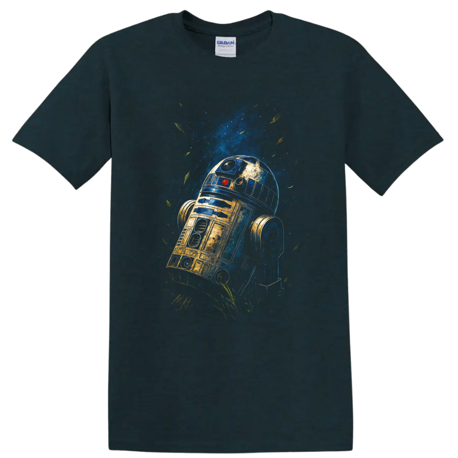R2-D2 painted galaxy art T-shirt on a Midnight (Green) T Shirt