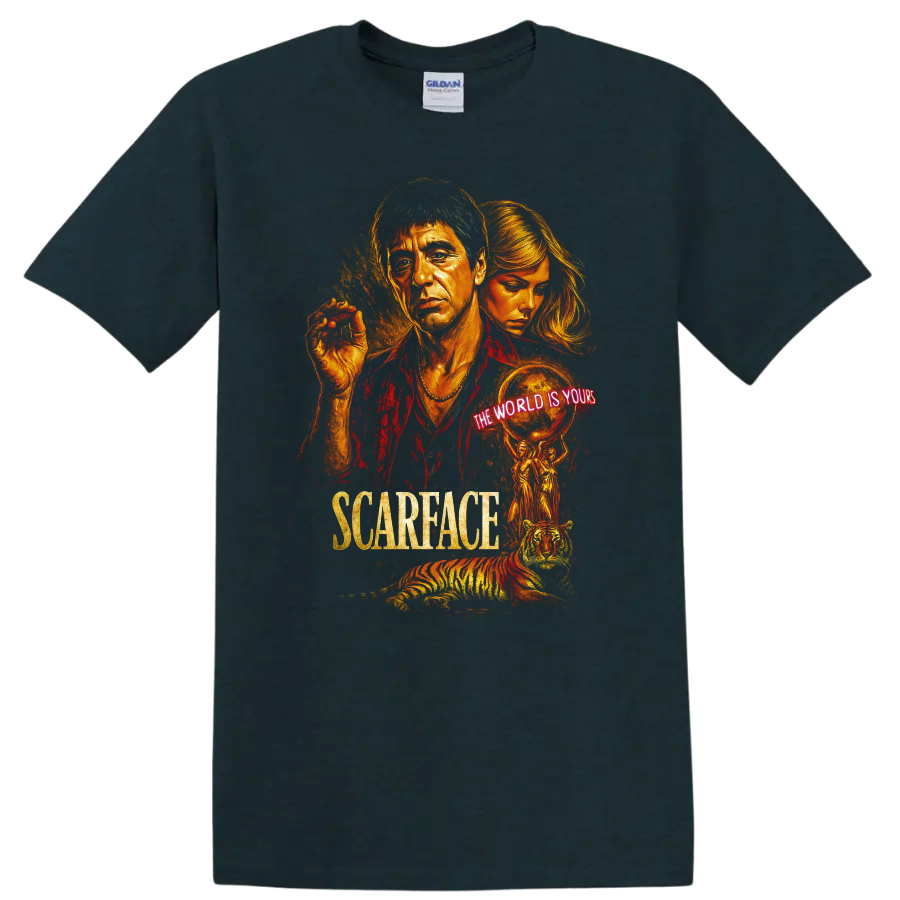 Scarface inspired movie poster art with neon The World Is Yours text and tiger on T shirt on a Midnight (Green) T Shirt