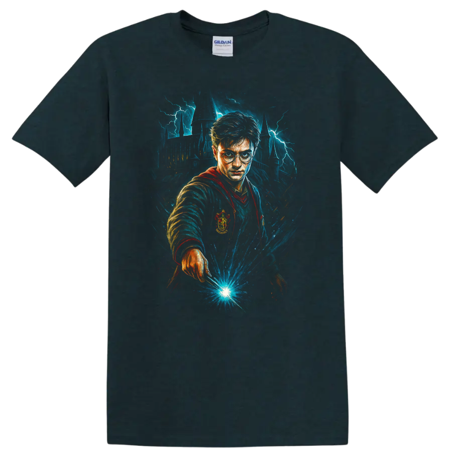 Wizard with glasses casting blue magic in front of a lightning-struck castle T Shirt on a Midnight (Green) T Shirt