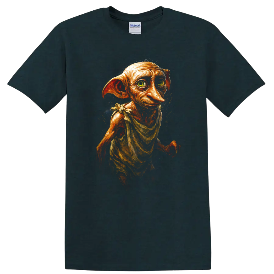 Painterly Dobby fantasy portrait with large ears and expressive eyes on a Midnight (Green) T Shirt