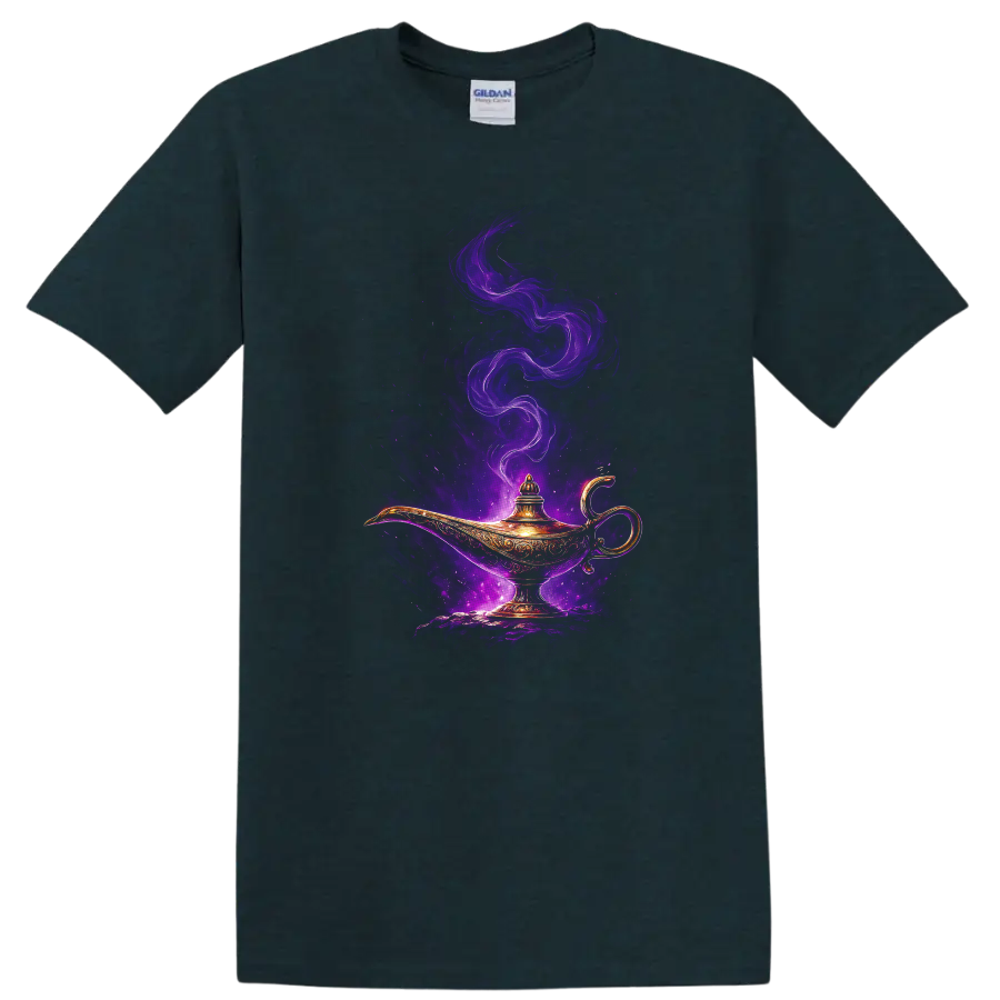 Ornate magic lamp with glowing purple smoke fantasy art T Shirt on a Midnight (Green) T Shirt