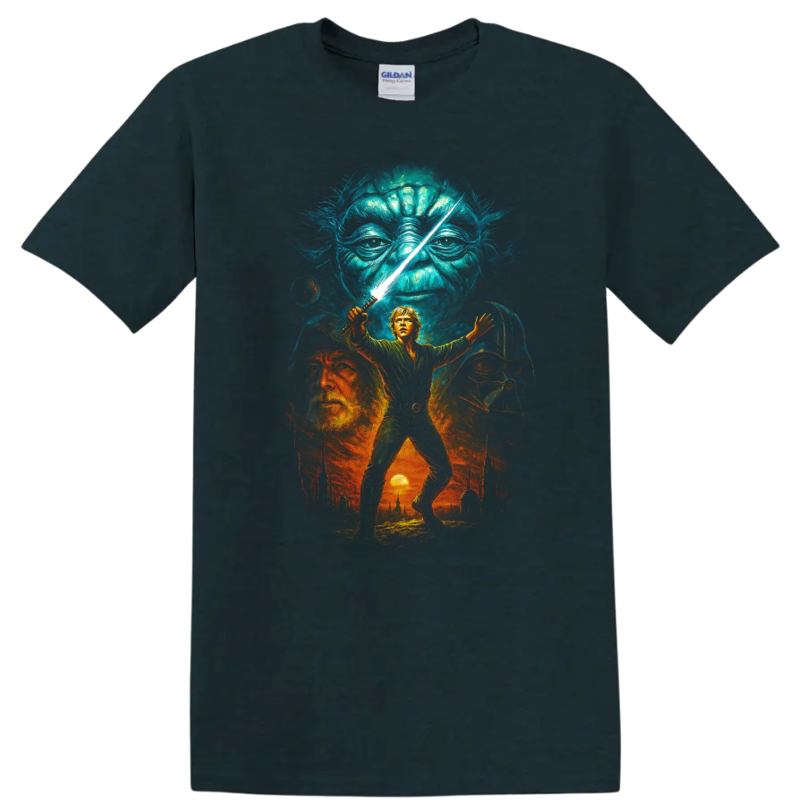 Star Wars inspired Jedi battle scene with Luke, Yoda, and Darth Vader artwork on a T shirt on a Midnight (Green) T Shirt