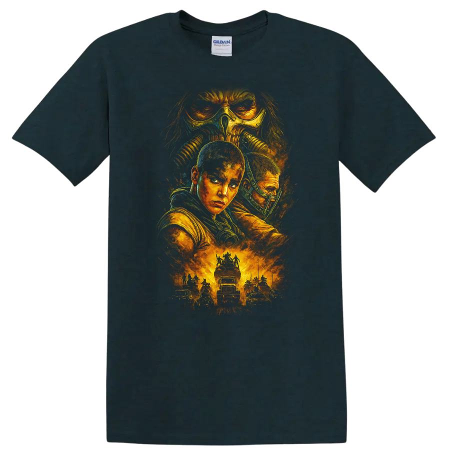 Mad Max Fury Road inspired post-apocalyptic movie art T-shirt graphic with fiery desert action and - Midnight (Green)