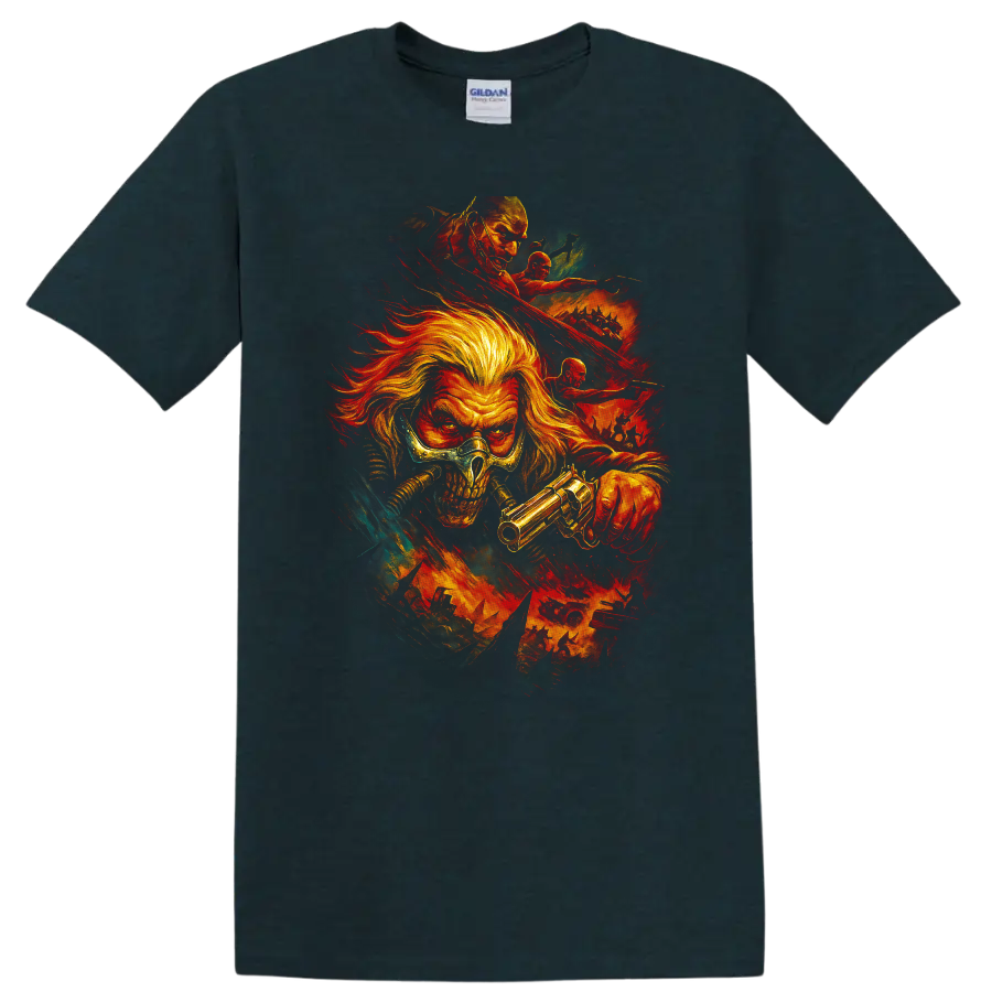 Mad Max inspired skull warrior with gun and fiery post-apocalyptic action graphic T Shirt on a Midnight (Green) T Shirt
