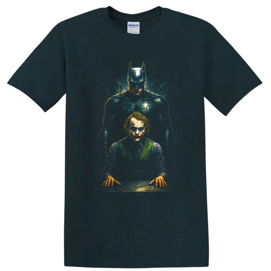 Batman standing behind the Joker in dramatic The Dark Knight graphic T Shirt design on a Midnight (Green) T Shirt