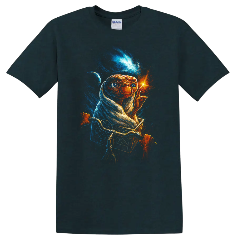 E.T. riding in a bike basket with glowing fingertip cosmic space artwork on T shirt on a Midnight (Green) T Shirt