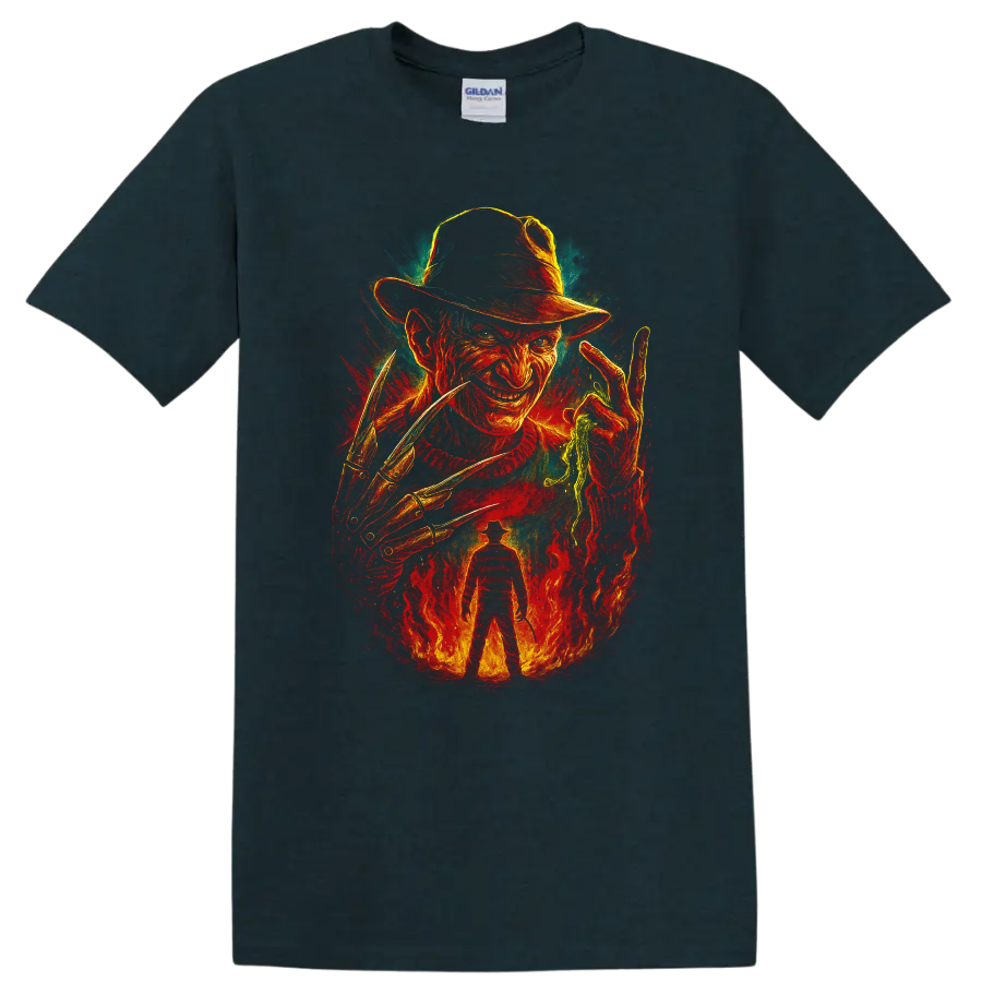 Freddy Krueger horror artwork with fedora, razor glove, and flames T shirt on a Midnight (Green) T Shirt