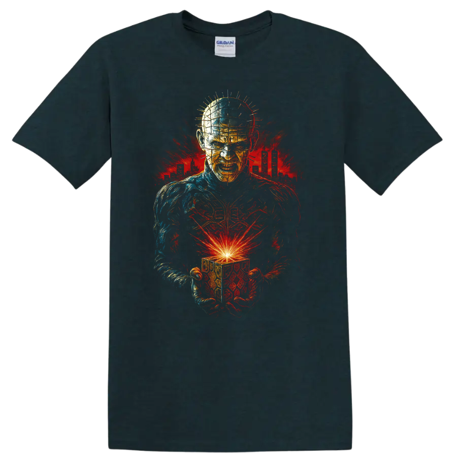 Hellraiser-inspired horror figure holding a glowing cube T Shirt on a Midnight (Green) T Shirt