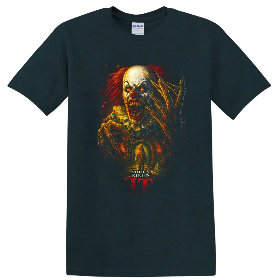 Pennywise horror clown artwork with Stephen King's IT text on a black - Midnight (Green)