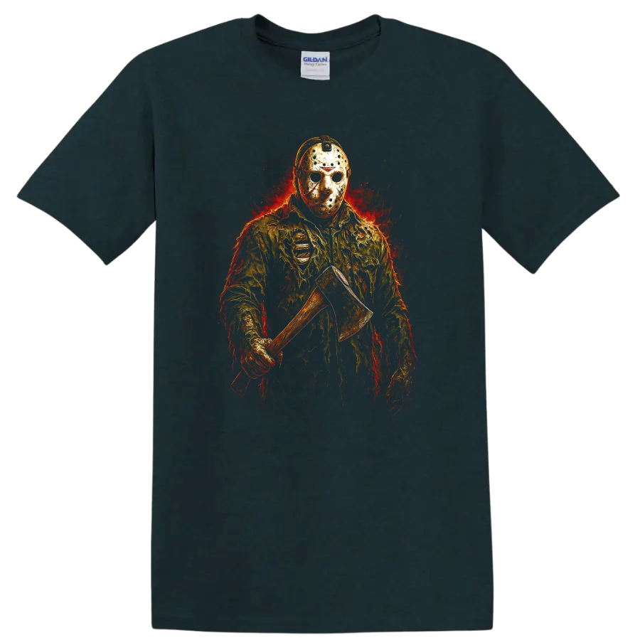Fiery masked slasher holding an axe, Friday the 13th horror style T shirt on a Midnight (Green) T Shirt
