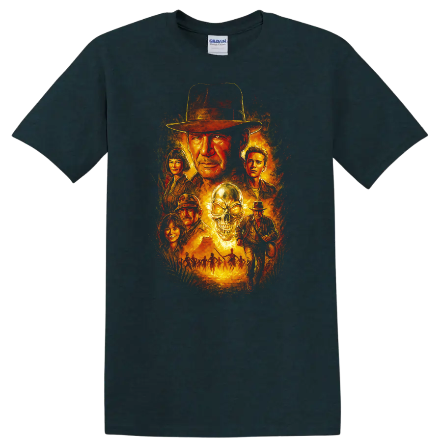 Vintage The Great Gatsby movie art with fiery portrait collage and skull graphic on a T - Midnight (Green)