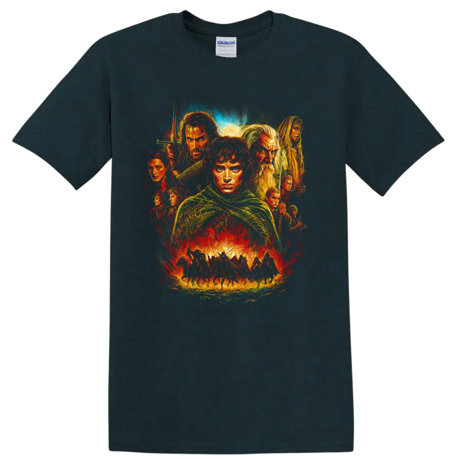 The Lord of the Rings fantasy character collage with dramatic painted movie artwork T shirt on a Midnight (Green) T Shirt