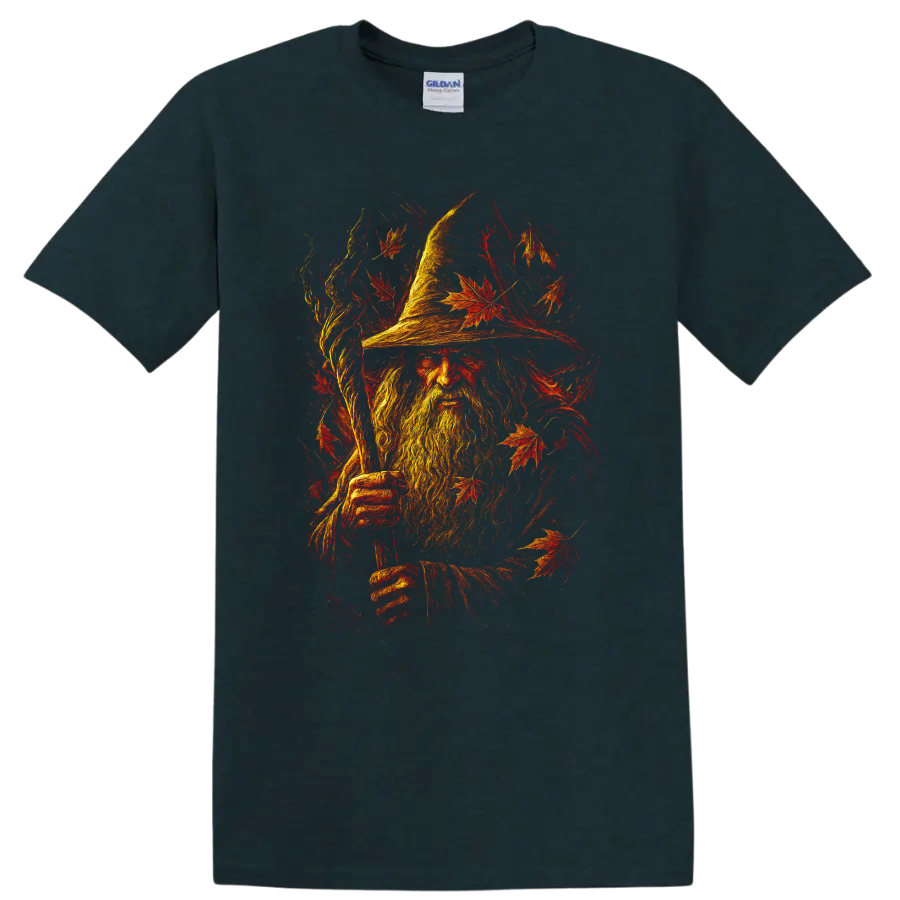 Wizard portrait surrounded by fiery autumn leaves graphic T Shirt on a Midnight (Green) T Shirt
