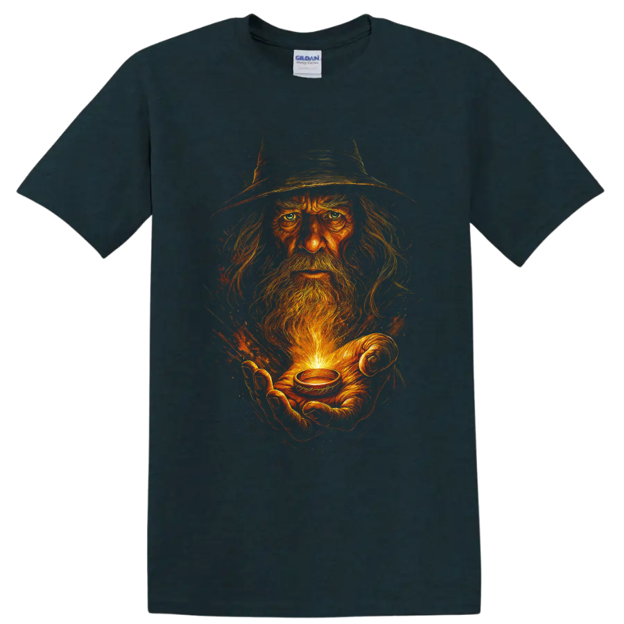 Fiery wizard holding a glowing ring fantasy graphic T shirt on a Midnight (Green) T Shirt