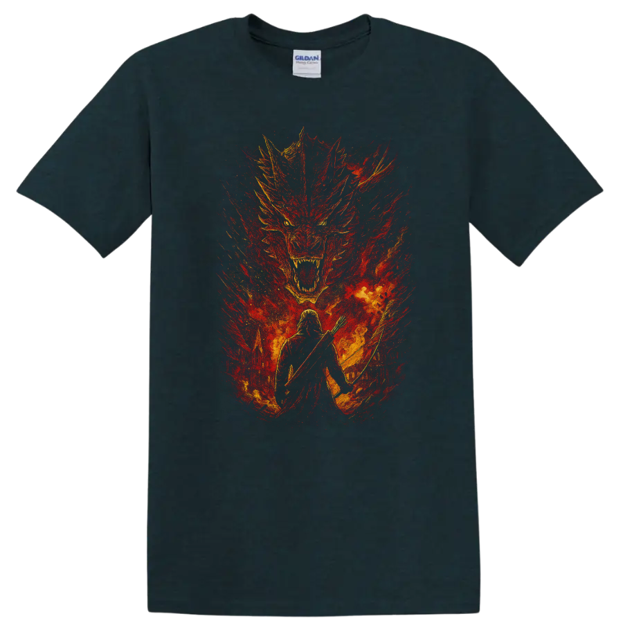 Fiery Game of Thrones dragon and warrior fantasy graphic T Shirt on a Midnight (Green) T Shirt