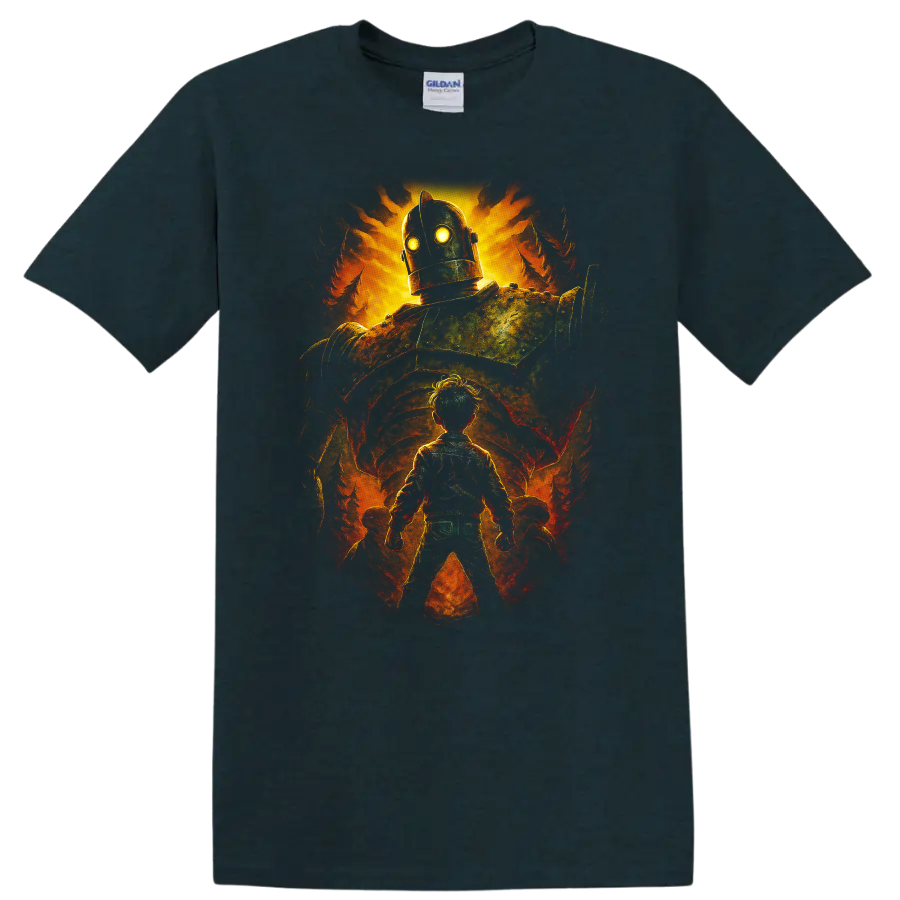 The Iron Giant glowing movie art design with giant robot and child, T shirt on a Midnight (Green) T Shirt