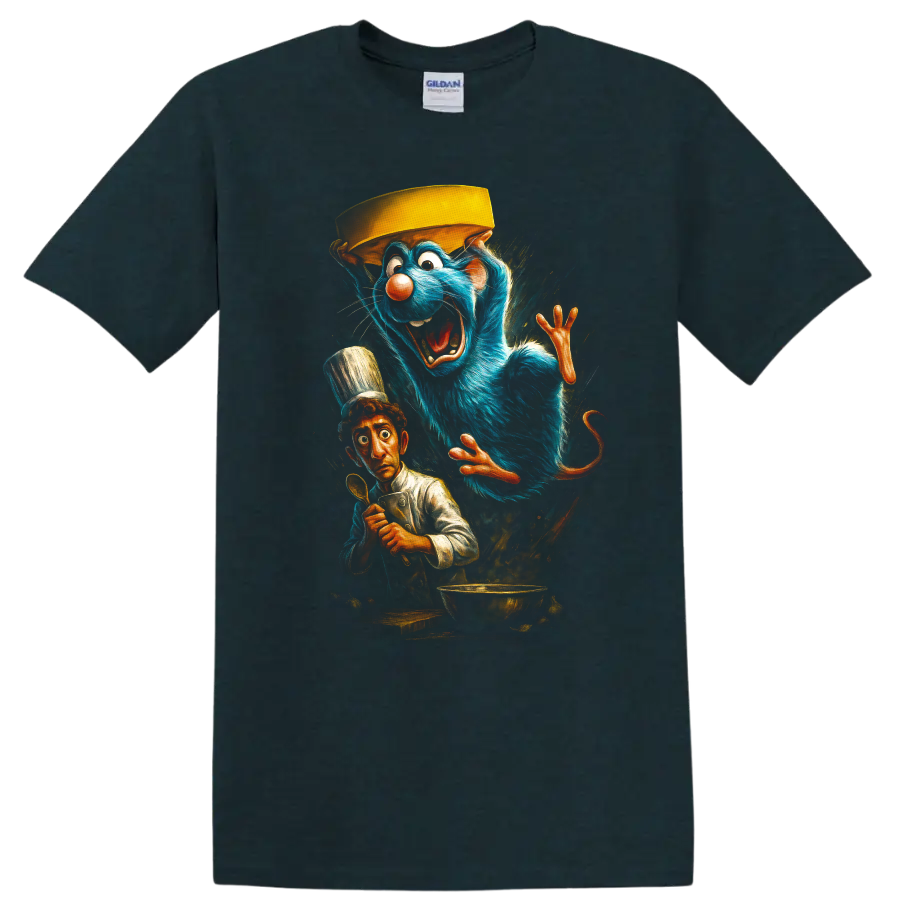 Animated blue rat chef and startled cook Ratatouille inspired T Shirt graphic on a Midnight (Green) T Shirt