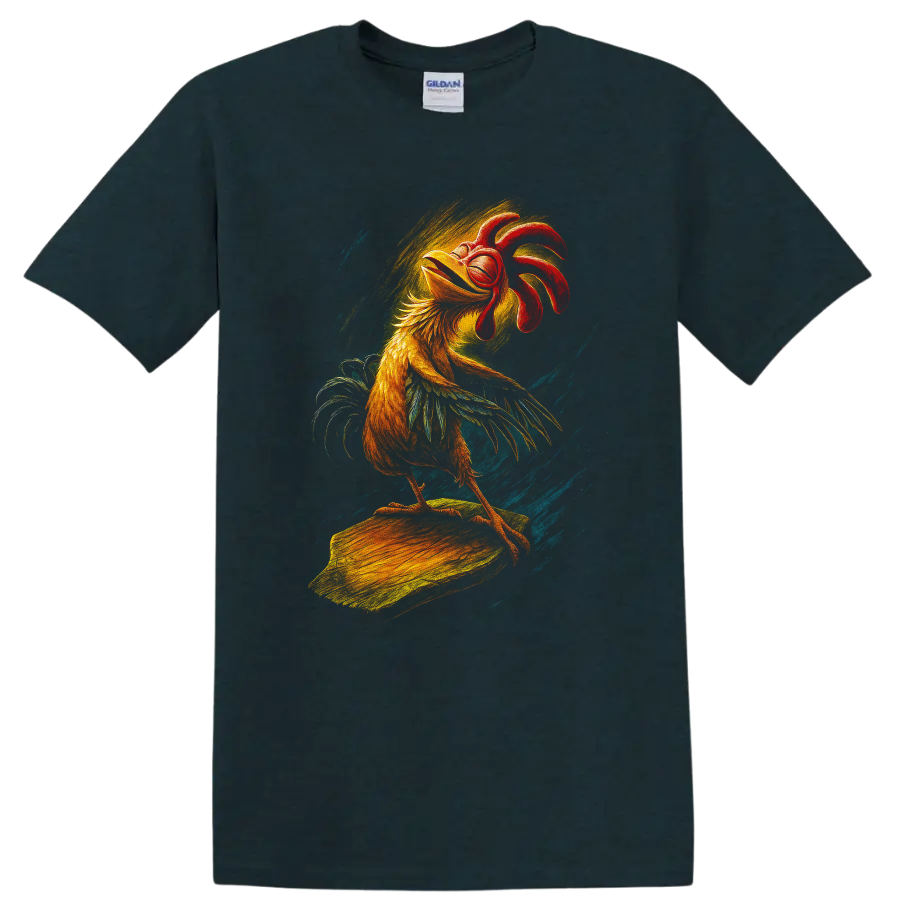 Rooster surfing artwork with bold retro colors on a T shirt on a Midnight (Green) T Shirt