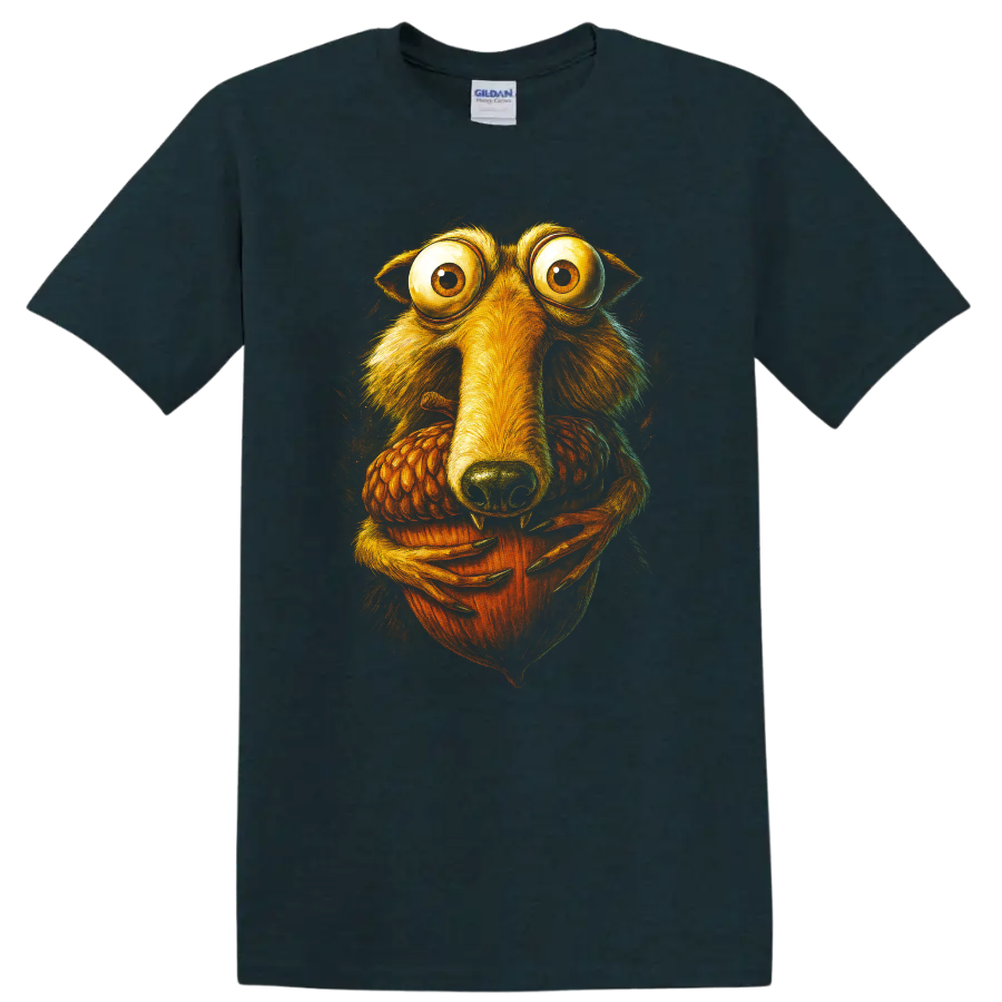 Wide-eyed Scrat holding an acorn, Ice Age character art T-shirt design on a Midnight (Green) T Shirt
