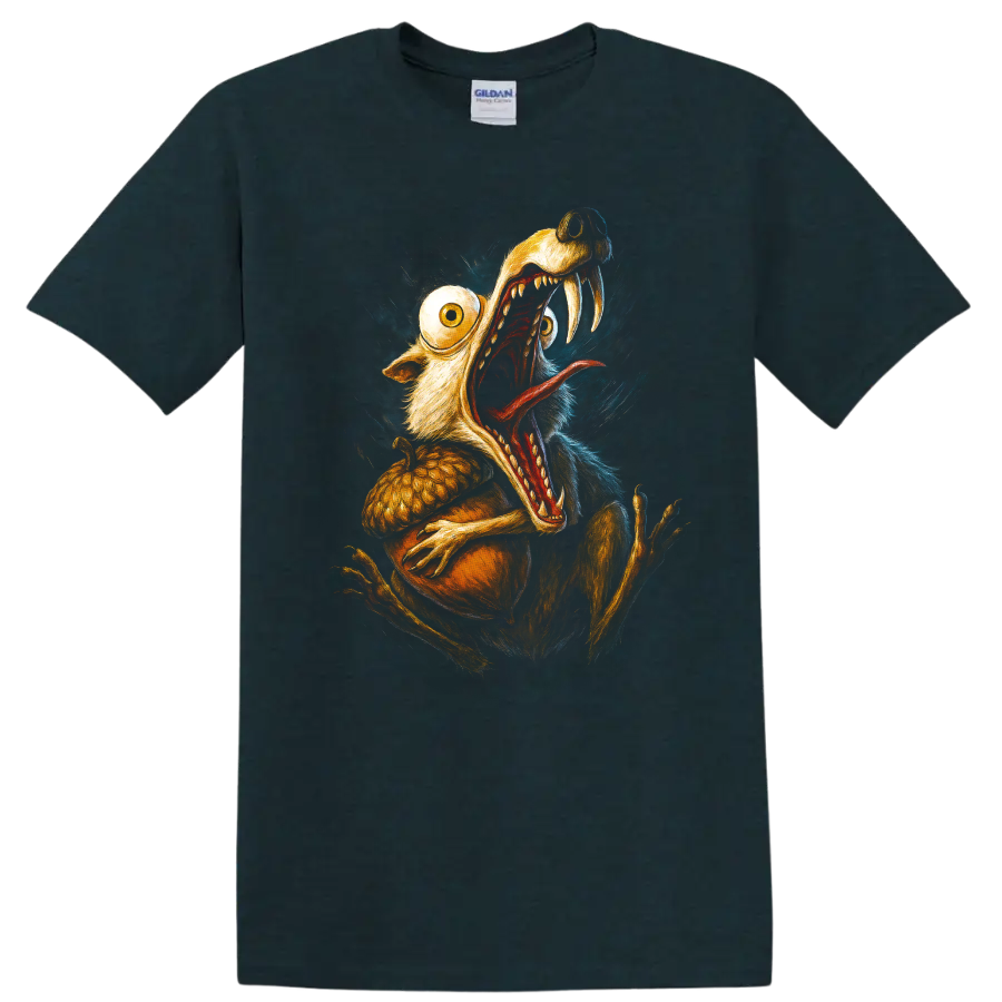 Scrat from Ice Age screaming with oversized eyes and sharp teeth graphic T shirt on a Midnight (Green) T Shirt