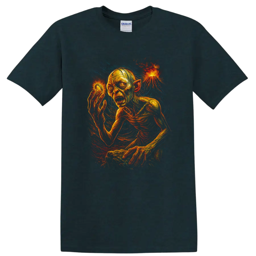 Fiery Gollum horror-style fantasy art on black T shirt on a Midnight (Green) T Shirt