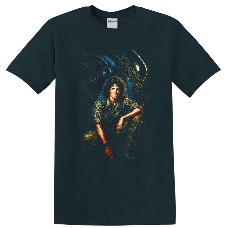 Alien movie inspired portrait with xenomorph creature in dramatic sci-fi horror style T-shirt on a Midnight (Green) T Shirt