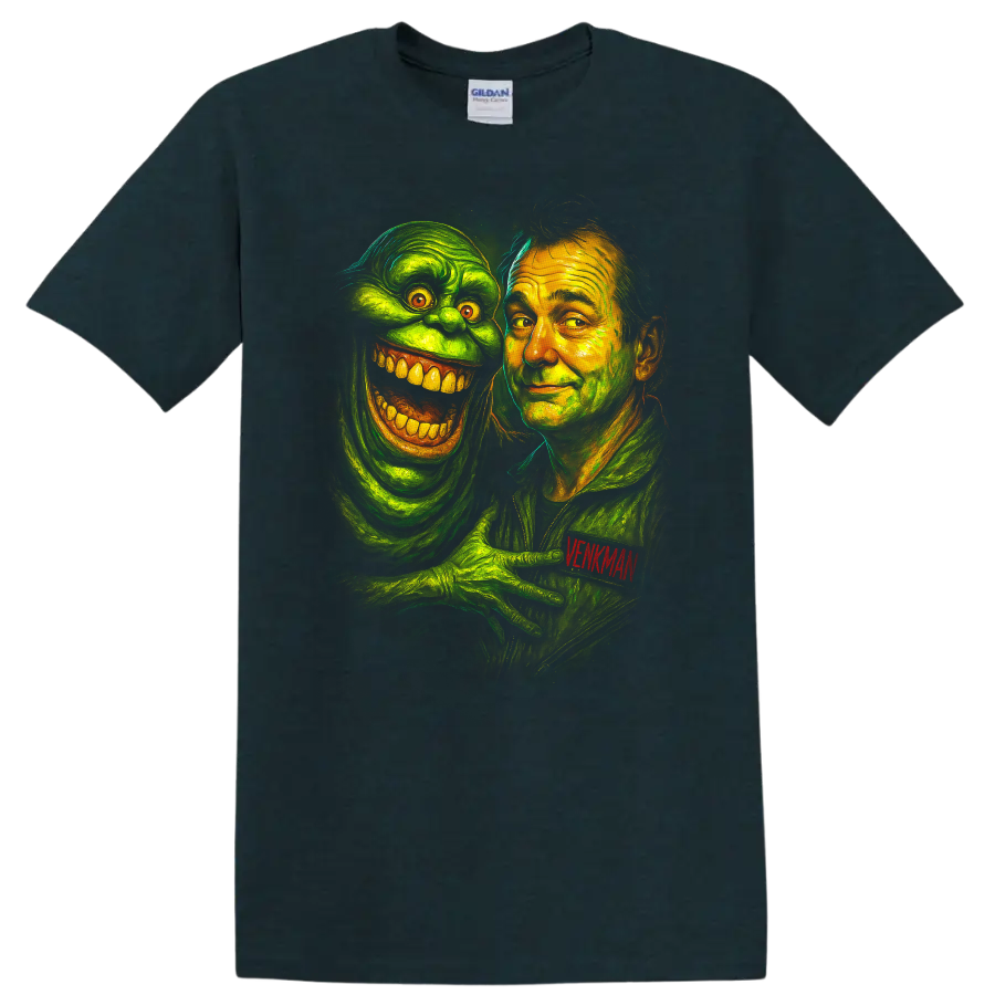 Ghostbusters-inspired portrait of Venkman with a grinning green ghost T shirt on a Midnight (Green) T Shirt