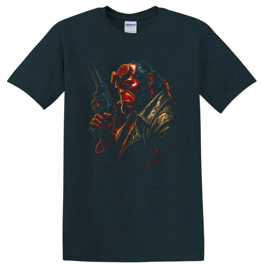 Hellboy dramatic portrait holding revolver graphic T shirt on a Midnight (Green) T Shirt