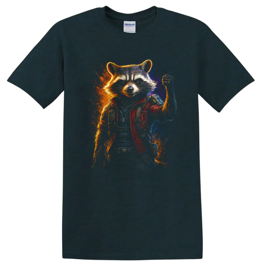 Guardians of the Galaxy inspired Rocket Raccoon hero in action pose T Shirt on a Midnight (Green) T Shirt