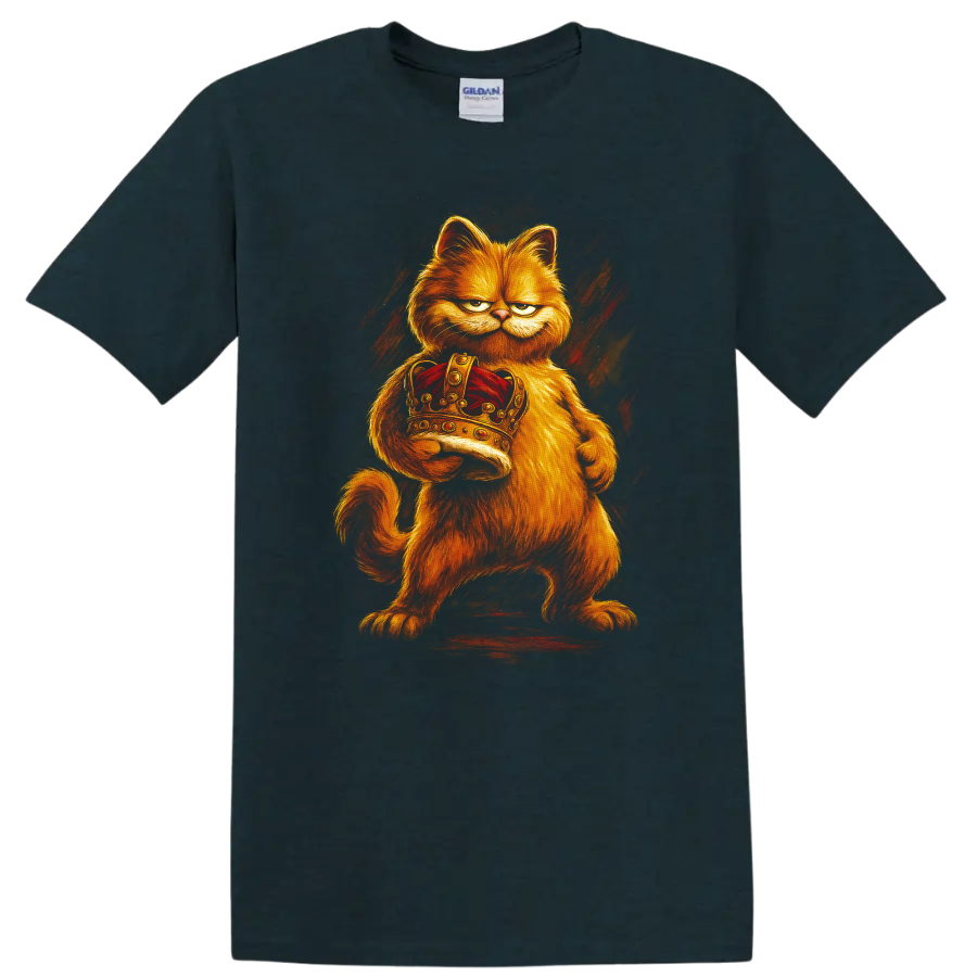 Angry orange Garfield-inspired cat holding a jeweled crown on a black T shirt on a Midnight (Green) T Shirt