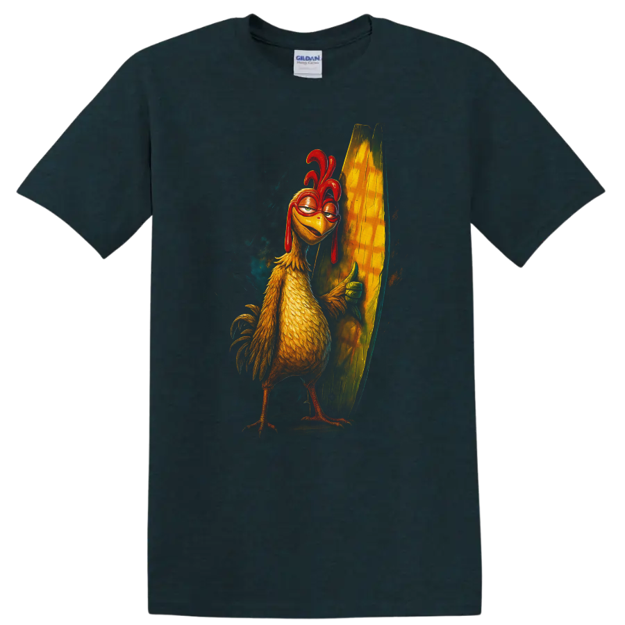 Surf's Up inspired chicken surfer holding a surfboard graphic T-shirt on a Midnight (Green) T Shirt