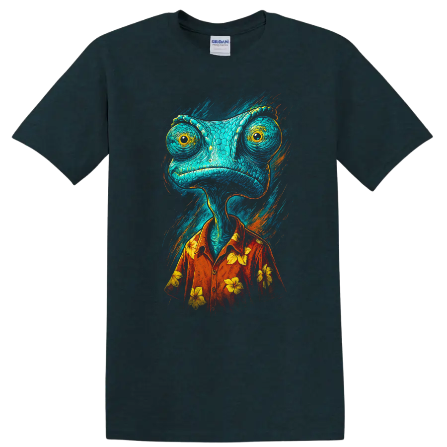 Colorful chameleon character in red Hawaiian shirt, Rango-inspired graphic T shirt on a Midnight (Green) T Shirt